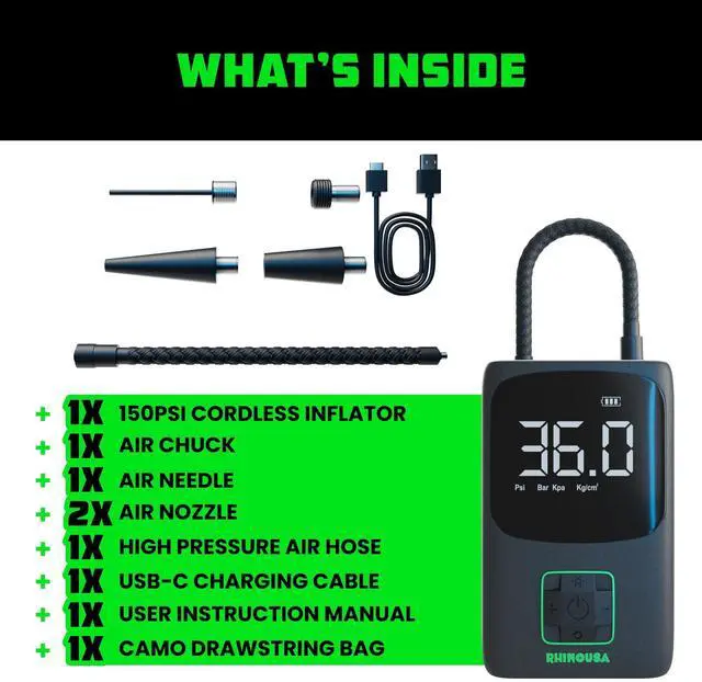 Alt view image 12 of 14 - Tire Inflator Portable Air Compressor (150 PSI) Upgraded Air Pump for Car Tires with Digital Pressure Gauge - Best Mini Air Pump for Bike Tires with Dual LCD Screen (Black & Green)