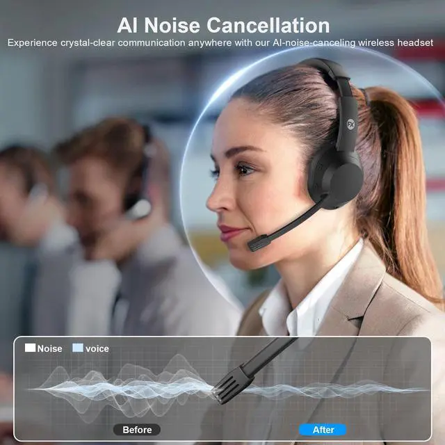 Alt view image 9 of 14 - Wireless Headset, Bluetooth Headphones with Mic(AI Noise Cancelling), 65 Hrs Working Time with USB Dongle, Wireless Headset with Mic for Work from Home/Computer/Laptop/PC/Android