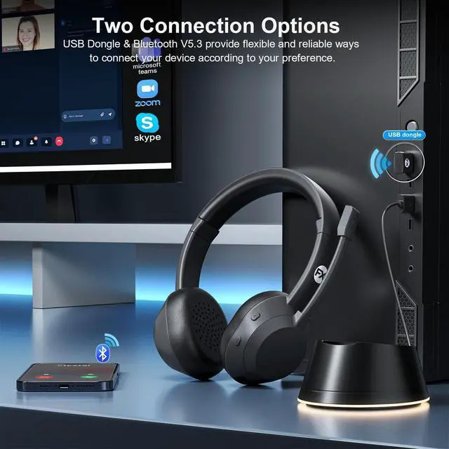 Alt view image 10 of 14 - Wireless Headset, Bluetooth Headphones with Mic(AI Noise Cancelling), 65 Hrs Working Time with USB Dongle, Wireless Headset with Mic for Work from Home/Computer/Laptop/PC/Android