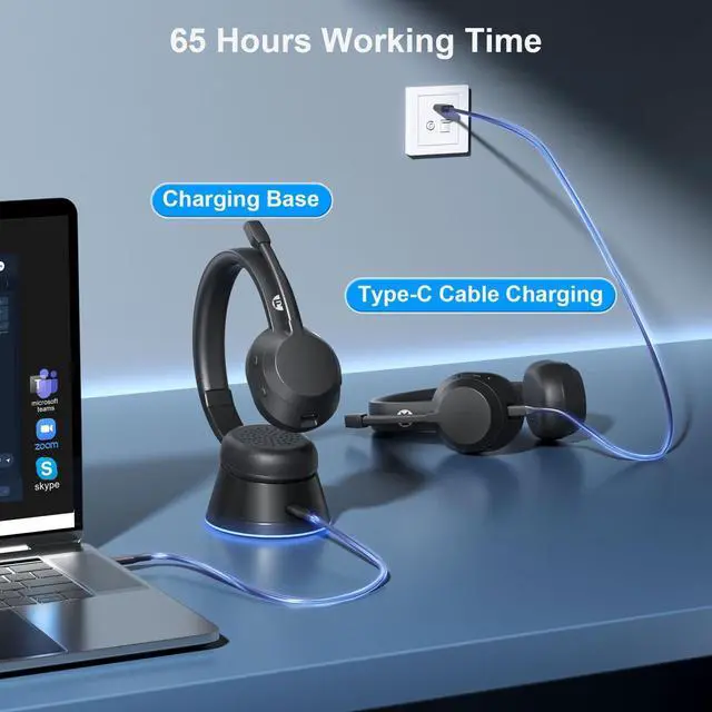 Alt view image 11 of 14 - Wireless Headset, Bluetooth Headphones with Mic(AI Noise Cancelling), 65 Hrs Working Time with USB Dongle, Wireless Headset with Mic for Work from Home/Computer/Laptop/PC/Android