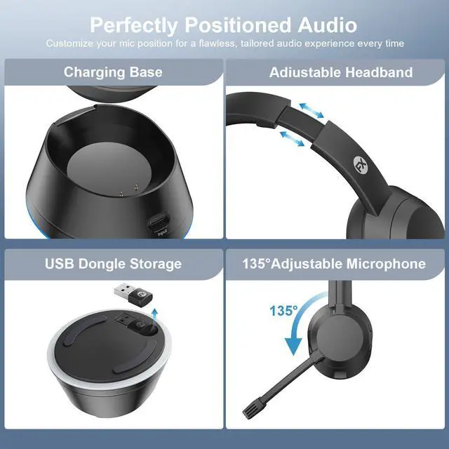 Alt view image 14 of 14 - Wireless Headset, Bluetooth Headphones with Mic(AI Noise Cancelling), 65 Hrs Working Time with USB Dongle, Wireless Headset with Mic for Work from Home/Computer/Laptop/PC/Android