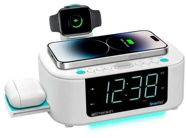 Alt view image 7 of 12 - CKSW5010 Smartset Wireless Charging, Dual Alarm FM Clock, Bluetooth Radio/Speaker, 15W for Ultra-Fast Charging, 3W Retractable Port for Air Pods, White
