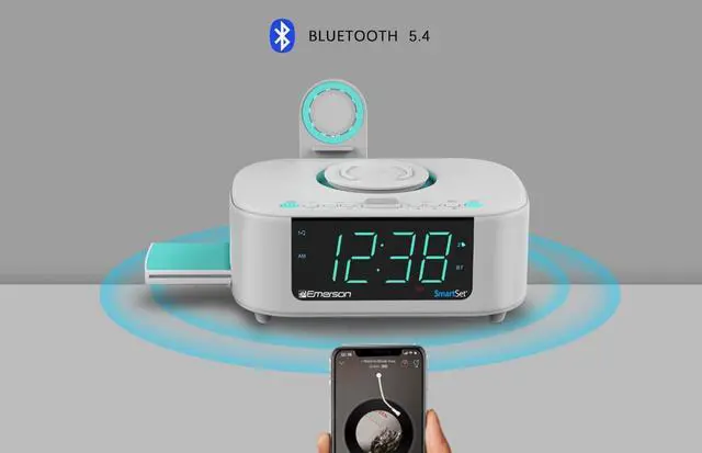 Alt view image 8 of 12 - CKSW5010 Smartset Wireless Charging, Dual Alarm FM Clock, Bluetooth Radio/Speaker, 15W for Ultra-Fast Charging, 3W Retractable Port for Air Pods, White