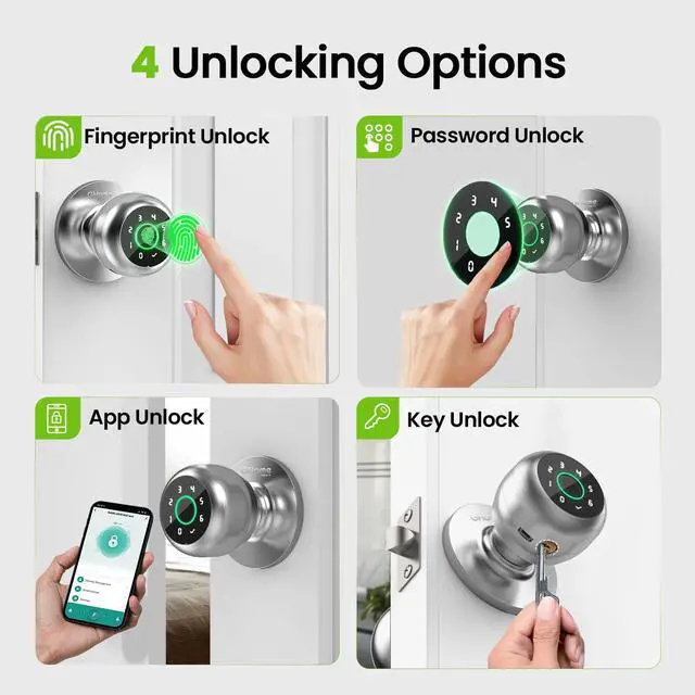 Alt view image 9 of 14 - Fingerprint Door Lock, 4 in 1 Smart Fingerprint Door Knob with Keypad, App Control, Auto Lock, Biometric Door Knob with Lock for Bedroom, Apartment, Garage, Home & Office