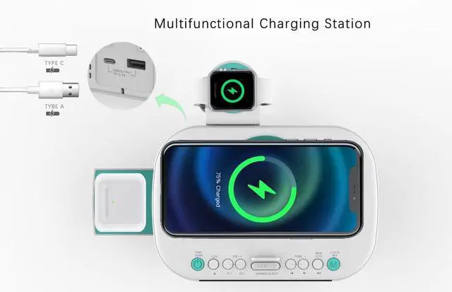 Alt view image 10 of 12 - CKSW5010 Smartset Wireless Charging, Dual Alarm FM Clock, Bluetooth Radio/Speaker, 15W for Ultra-Fast Charging, 3W Retractable Port for Air Pods, White