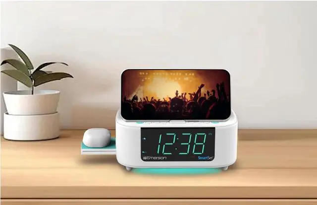 Alt view image 11 of 12 - CKSW5010 Smartset Wireless Charging, Dual Alarm FM Clock, Bluetooth Radio/Speaker, 15W for Ultra-Fast Charging, 3W Retractable Port for Air Pods, White