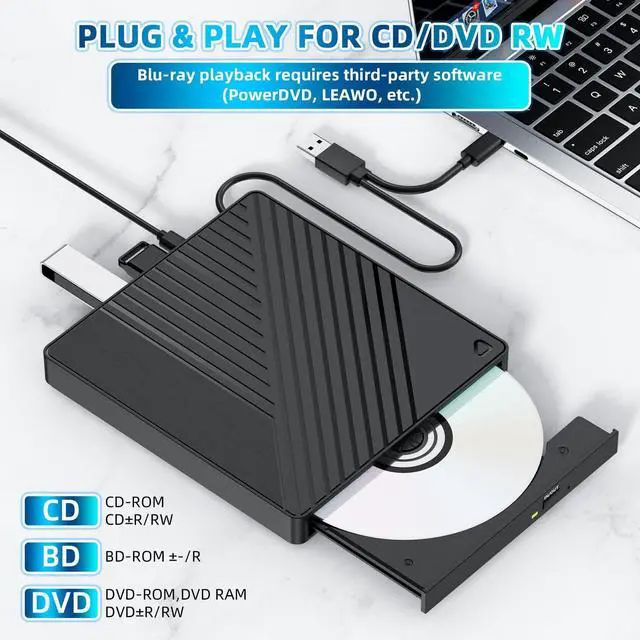 Alt view image 14 of 14 - Ultra-Portable 5-in-1 External Blu-ray Drive: USB 3.0 & USB-C DVD/CD Burner, BD Reader No BD Burning with Dual USB-A Ports & SD/TF Readers Seamless Laptop/PC Compatibility for Windows, Mac, Linux