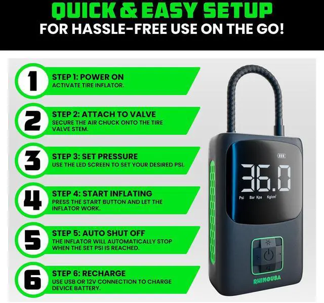 Alt view image 13 of 14 - Tire Inflator Portable Air Compressor (150 PSI) Upgraded Air Pump for Car Tires with Digital Pressure Gauge - Best Mini Air Pump for Bike Tires with Dual LCD Screen (Black & Green)