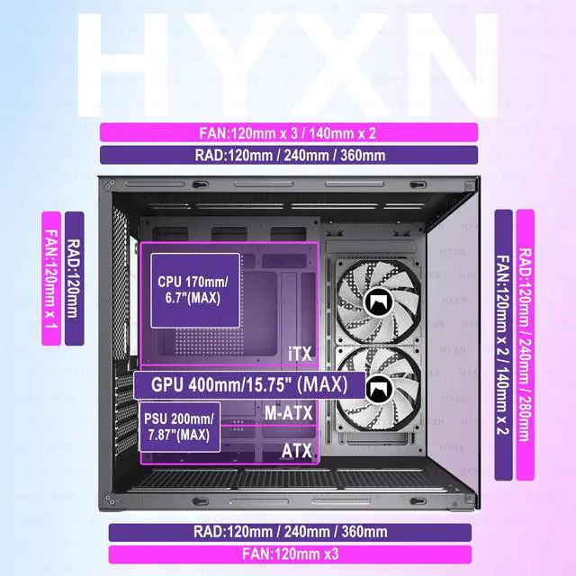 Alt view image 14 of 14 - H3 HYXN ATX PC Case - Pre-Installed with 3 ARGB Fans - Compact Dual Cavity Mid-Tower PC Gaming Case - with Type-C 3.2-360mm Radiator Support, Black