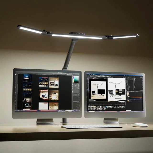 Alt view image 8 of 14 - Wide Desk Lamp with Clamp for Dual Monitors, 22W Full-Spectrum Eye-Caring LED Desk Lamp for Home Office, 3-Section Adjustable Architect Light for Large Desk, Stepless Dimming, 3000K-5700K