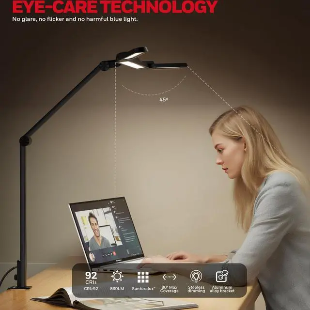 Alt view image 9 of 14 - Wide Desk Lamp with Clamp for Dual Monitors, 22W Full-Spectrum Eye-Caring LED Desk Lamp for Home Office, 3-Section Adjustable Architect Light for Large Desk, Stepless Dimming, 3000K-5700K