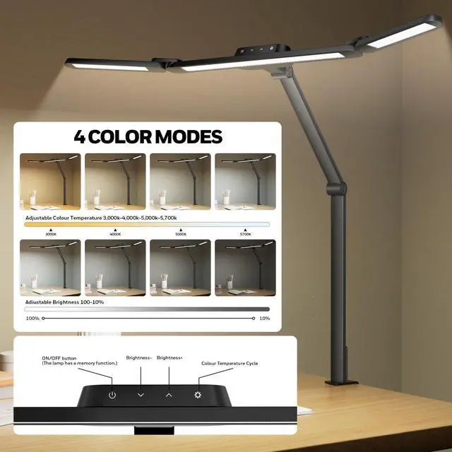 Alt view image 12 of 14 - Wide Desk Lamp with Clamp for Dual Monitors, 22W Full-Spectrum Eye-Caring LED Desk Lamp for Home Office, 3-Section Adjustable Architect Light for Large Desk, Stepless Dimming, 3000K-5700K