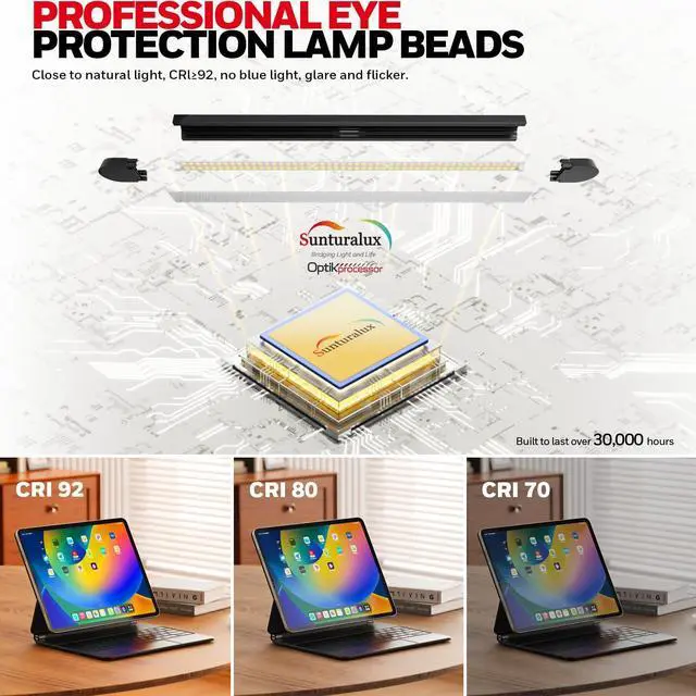 Alt view image 13 of 14 - Wide Desk Lamp with Clamp for Dual Monitors, 22W Full-Spectrum Eye-Caring LED Desk Lamp for Home Office, 3-Section Adjustable Architect Light for Large Desk, Stepless Dimming, 3000K-5700K