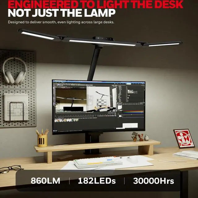 Alt view image 14 of 14 - Wide Desk Lamp with Clamp for Dual Monitors, 22W Full-Spectrum Eye-Caring LED Desk Lamp for Home Office, 3-Section Adjustable Architect Light for Large Desk, Stepless Dimming, 3000K-5700K