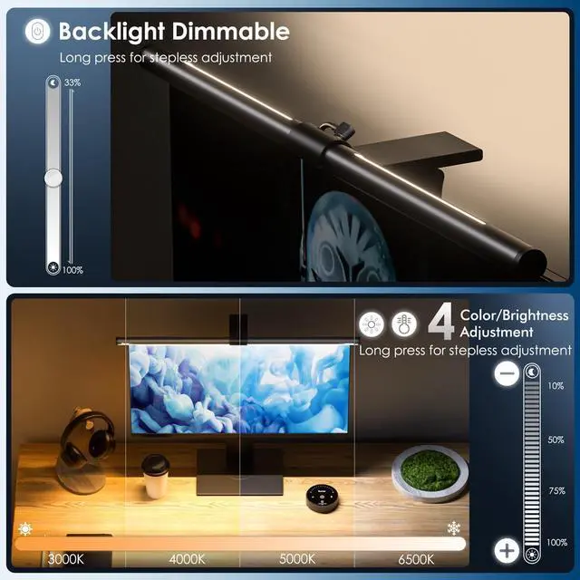 Alt view image 12 of 14 - Monitor Light Bar with Remote, 20.1'' Dual Light Screen Light Bar, Sliding Weighted Clip Fit for All Screens, Adjustable Stepless Dimming, Eye Caring No Glare Gaming Work Desk Lamp, Gray
