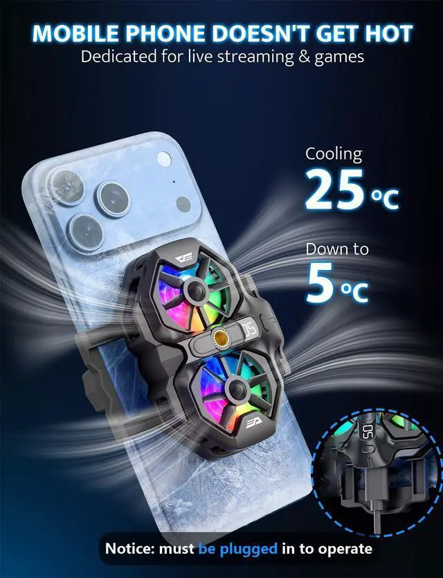 Alt view image 9 of 14 - Dual Core Phone Cooler with Clip, Cell Phone Fan with Screw, Phone Cooling Fan for Gaming and Live Streaming, Phone Radiator with RGB Light, Compatible with iPhone/Samsung/Android (DK-GS)