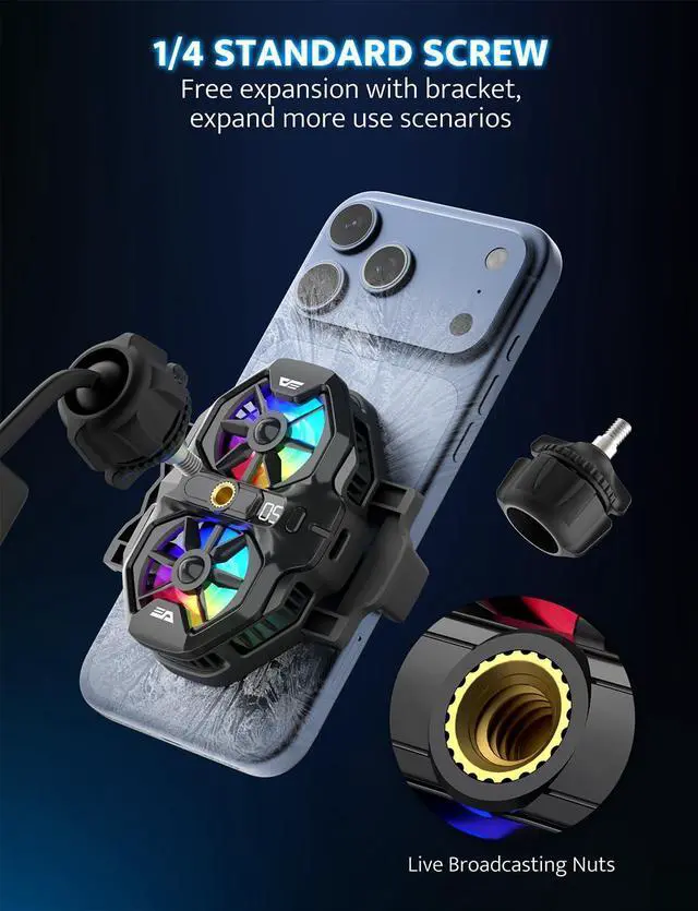 Alt view image 13 of 14 - Dual Core Phone Cooler with Clip, Cell Phone Fan with Screw, Phone Cooling Fan for Gaming and Live Streaming, Phone Radiator with RGB Light, Compatible with iPhone/Samsung/Android (DK-GS)