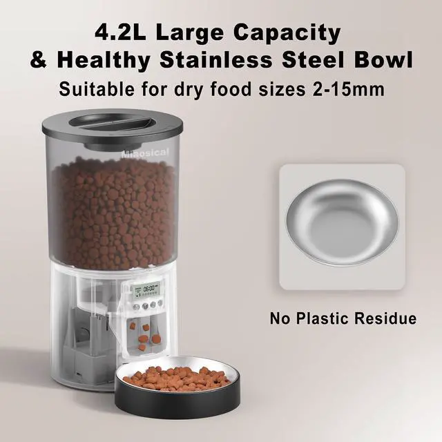 Alt view image 9 of 14 - Automated Cat Feeder,Clear 4.2L Dry Food Dispenser with Single Bowl,Programmable Timed Pet Feeder for Up to 6 Daily Meals,10-Second Voice Message & Dual Power Backup (Black, 4.2L Press Version)