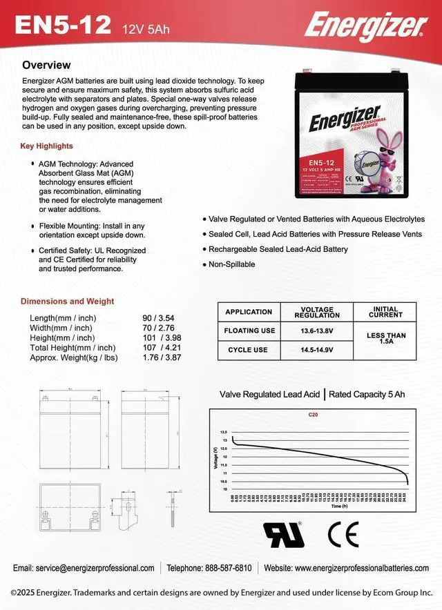 Alt view image 14 of 14 - EN5-12, 12 Volt 5 Amp Hr, Long Lasting Sealed Lead Acid AGM Rechargeable Battery Ideal for Use in Garage Door, Alarm Panels, Kids Ride On, Backup Power, and More