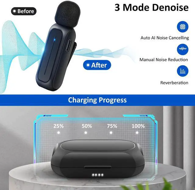 Alt view image 9 of 14 - 2 Pcs Wireless Lavalier Microphone for iPhone iPad Android with Charging Case 7H Clip on Lapel Microphone Wireless for Video Recording Vlogging, YouTube, Interview, 3 Mode Denoise, 70ft
