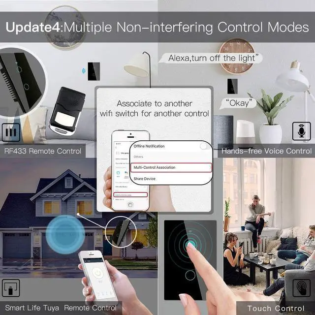 Alt view image 14 of 14 - WiFi Smart Wall Light Switch,Glass Panel, Multi-Control(3 Way), 2.4GHz Wi-Fi Touch Switches, Neutral Wire Required, Remote Control Smart Life/Tuya App, Work with Alexa, Google Home Black 2 Gang