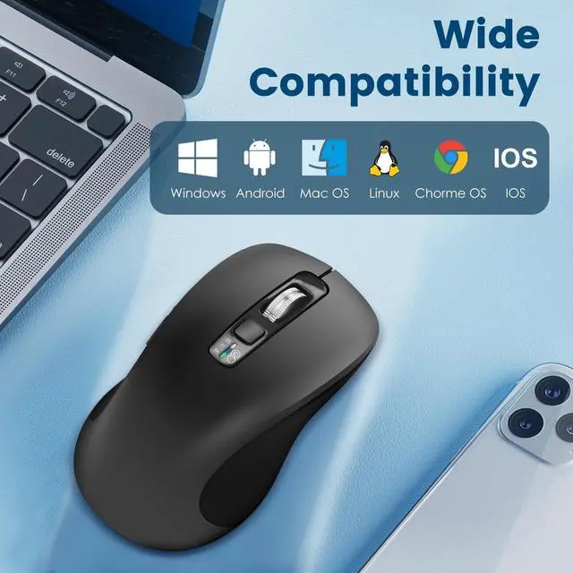 Alt view image 11 of 14 - Wireless Bluetooth Mouse (USB + BT1 + BT2), Full Size Mouse, 4-Way Scrolling, Multi-Device Silent for Computer, Laptop, iPad, MacBook (Grey)