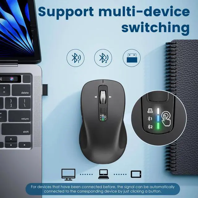 Alt view image 12 of 14 - Wireless Bluetooth Mouse (USB + BT1 + BT2), Full Size Mouse, 4-Way Scrolling, Multi-Device Silent for Computer, Laptop, iPad, MacBook (Grey)