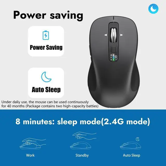 Alt view image 14 of 14 - Wireless Bluetooth Mouse (USB + BT1 + BT2), Full Size Mouse, 4-Way Scrolling, Multi-Device Silent for Computer, Laptop, iPad, MacBook (Grey)