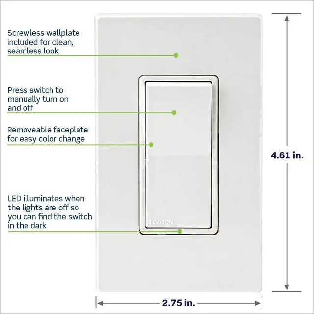 Alt view image 12 of 14 - Decora Smart Switch, Wi-Fi 2nd Gen, Neutral Wire Required, Works with Matter, My Leviton, Alexa, Google Assistant, Apple Home/Siri & Wired or Wire-Free 3-Way, D215S-1RW, White