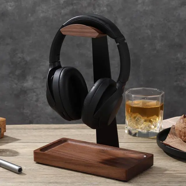 Alt view image 14 of 14 - Walnut Headphone Stand, Wood Headset Stand for Desk, Wooden Universal Headphone Holder with Storage Base for Gaming, AirPods Max, Bose,Razer, Sennheiser (Black)