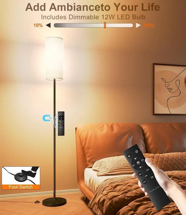 Alt view image 9 of 14 - Dimmable Floor Standing Tall Lamp, 12W Led Bulb with Lampshade, Foot Switch, Remote Custom Color Temperature Pole for Bedroom, Office, Kids & Living Room, Black