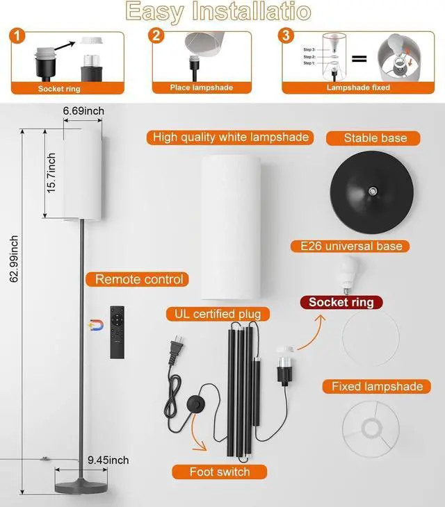 Alt view image 11 of 14 - Dimmable Floor Standing Tall Lamp, 12W Led Bulb with Lampshade, Foot Switch, Remote Custom Color Temperature Pole for Bedroom, Office, Kids & Living Room, Black