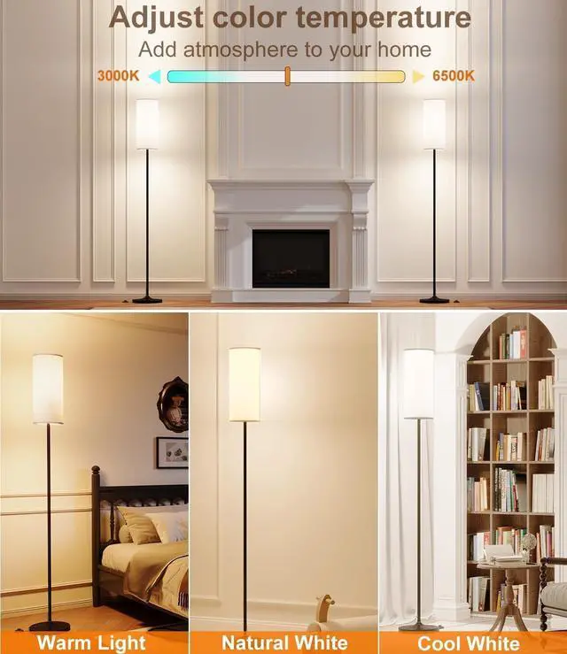 Alt view image 10 of 14 - Dimmable Floor Standing Tall Lamp, 12W Led Bulb with Lampshade, Foot Switch, Remote Custom Color Temperature Pole for Bedroom, Office, Kids & Living Room, Black