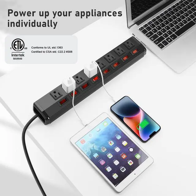 Alt view image 9 of 14 - 8 Outlet Heavy Duty Power Strip with 8 Individual Switches,Moutable Metal Power Strip Surge Protector 1200 Joules,6FT 14AWG Extension Cord,15A 1800W 125V 60Hz