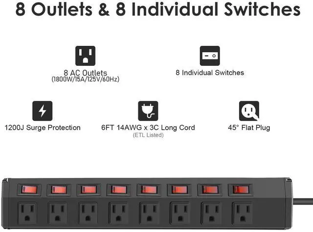 Alt view image 13 of 14 - 8 Outlet Heavy Duty Power Strip with 8 Individual Switches,Moutable Metal Power Strip Surge Protector 1200 Joules,6FT 14AWG Extension Cord,15A 1800W 125V 60Hz