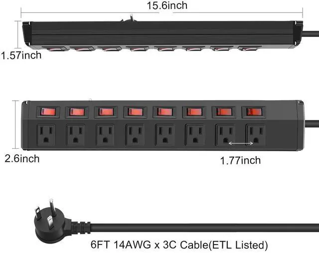 Alt view image 14 of 14 - 8 Outlet Heavy Duty Power Strip with 8 Individual Switches,Moutable Metal Power Strip Surge Protector 1200 Joules,6FT 14AWG Extension Cord,15A 1800W 125V 60Hz