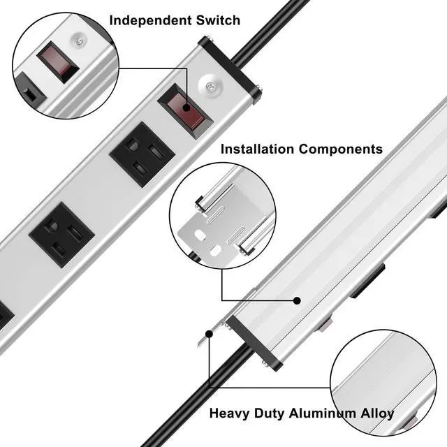 Alt view image 7 of 10 - 12 Outlets Metal Power Strip,Mountable Heavy Duty Power Strip with 6FT Long Extension Cord with Circuit Breaker,15A 125V 1875W, ETL Listed