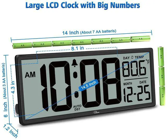 Alt view image 12 of 14 - 14.5'' Large Digital Wall Clock Battery Operated with Jumbo Numbers, Temperature and Date - Easy to Read and Set, Auto DST