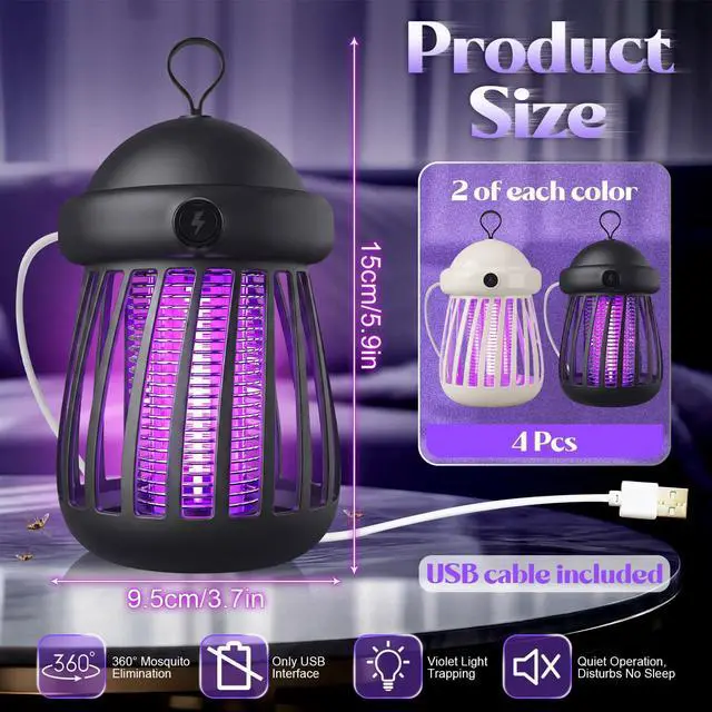 Alt view image 14 of 14 - 4 Pack Bug Zapper Indoor, USB-Powered Mosquito Killer Lamp UV Insect Trap with 3000v Electric Grid, Quiet Indoor Jellyfish Bug Zapper for Gnats, Moths, Fruit Flies (White,Gray)