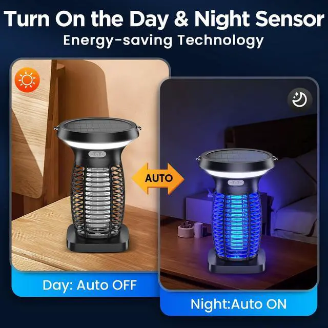 Alt view image 10 of 14 - Solar Bug Zapper Outdoor Waterproof, Portable & Rechargeable Bug Zapper with Panel Sensor & LED Night Light Mosquitoes Zapper, Electric Fly Zapper for Home, Patio, Backyard, Camping