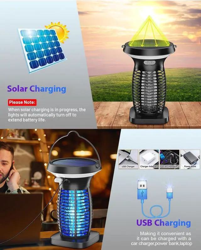 Alt view image 9 of 14 - Solar Bug Zapper Outdoor Waterproof, Portable & Rechargeable Bug Zapper with Panel Sensor & LED Night Light Mosquitoes Zapper, Electric Fly Zapper for Home, Patio, Backyard, Camping