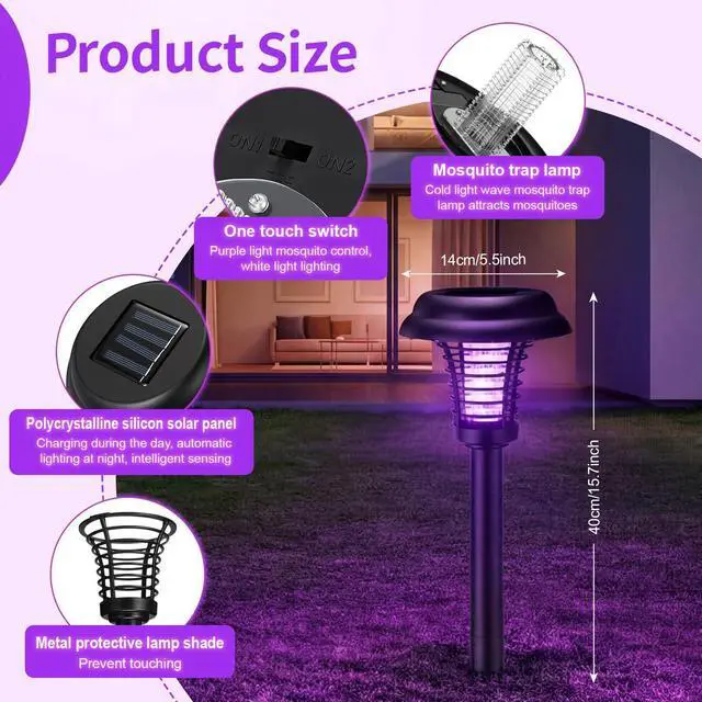 Alt view image 12 of 12 - 4 Pcs Solar Bug Zapper Waterproof Mosquito Zapper Killer and Lighting Repellent Lamp for Indoor Outdoor Use Garden Patio Lawn (Plastic,Purple & White Light)