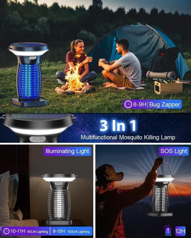 Alt view image 11 of 14 - Solar Bug Zapper Outdoor Waterproof, Portable & Rechargeable Bug Zapper with Panel Sensor & LED Night Light Mosquitoes Zapper, Electric Fly Zapper for Home, Patio, Backyard, Camping