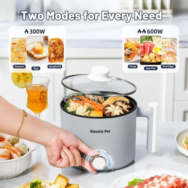 Alt view image 8 of 12 - Electric Hot Pot :1.5L Mini Ramen Cooker with Overheat & Boil-Dry Protection, Suitable for Noodles, Soup, Oatmeal, College Dorm Office Travel Essentials (Grey, 1.5L)