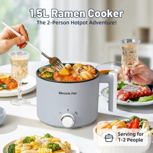 Alt view image 10 of 12 - Electric Hot Pot :1.5L Mini Ramen Cooker with Overheat & Boil-Dry Protection, Suitable for Noodles, Soup, Oatmeal, College Dorm Office Travel Essentials (Grey, 1.5L)