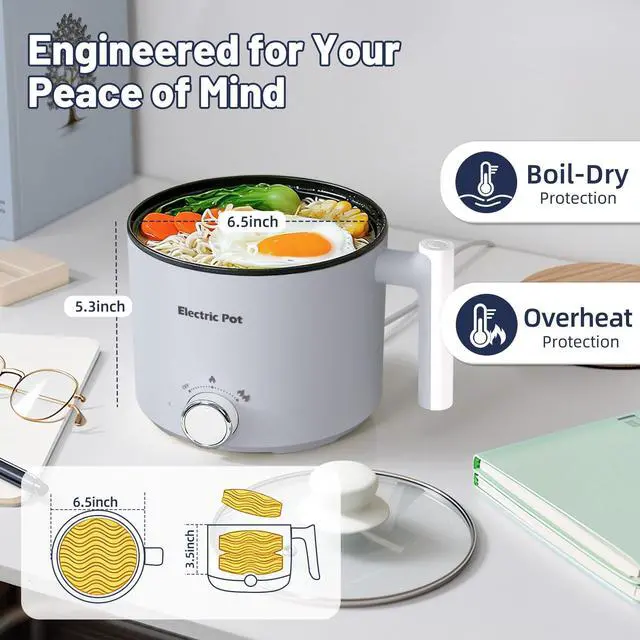 Alt view image 9 of 12 - Electric Hot Pot :1.5L Mini Ramen Cooker with Overheat & Boil-Dry Protection, Suitable for Noodles, Soup, Oatmeal, College Dorm Office Travel Essentials (Grey, 1.5L)