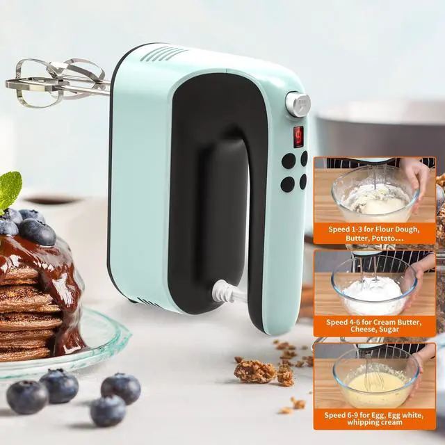 Alt view image 14 of 14 - 9-Speed Digital Hand Mixer Electric, 400W Powerful DC Motor, Hand Mixer Electric Handheld with Snap-On Storage Case, 5 Stainless Steel Accessories, Beaters, Dough Hooks, Whisk(Ice Blue/Black)