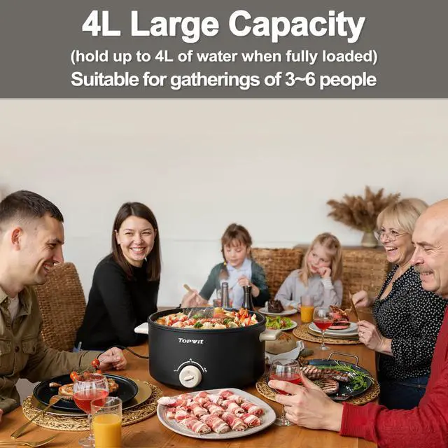 Alt view image 14 of 14 - Hot Pot Electric, 4L Electric Pot with Non-Stick Coating, Dual Power Electric Cooker for Deep Frying, Steak, Pasta, Multi-Functional Large Capaity Shabu Shabu Pot for Party, Dark Black