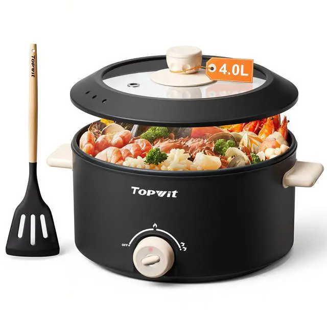 Alt view image 13 of 14 - Hot Pot Electric, 4L Electric Pot with Non-Stick Coating, Dual Power Electric Cooker for Deep Frying, Steak, Pasta, Multi-Functional Large Capaity Shabu Shabu Pot for Party, Dark Black