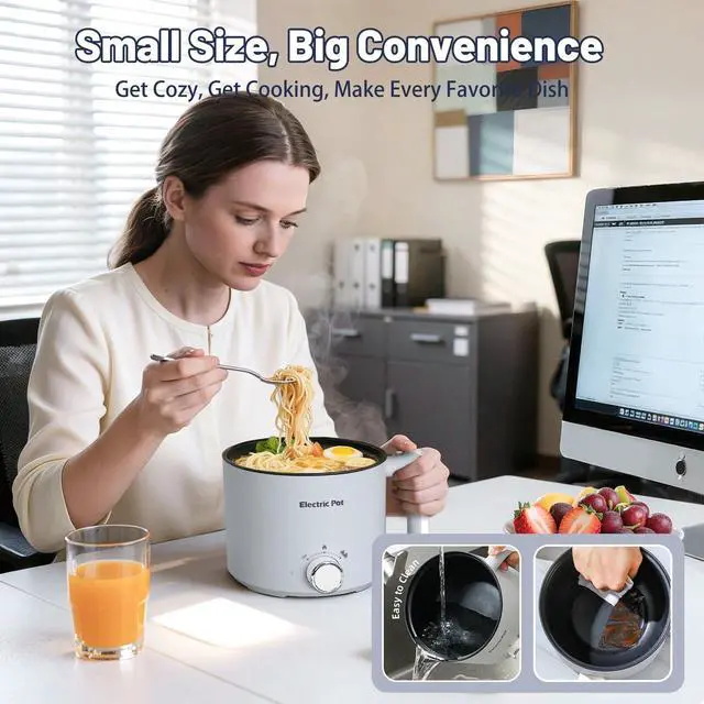 Alt view image 12 of 12 - Electric Hot Pot :1.5L Mini Ramen Cooker with Overheat & Boil-Dry Protection, Suitable for Noodles, Soup, Oatmeal, College Dorm Office Travel Essentials (Grey, 1.5L)